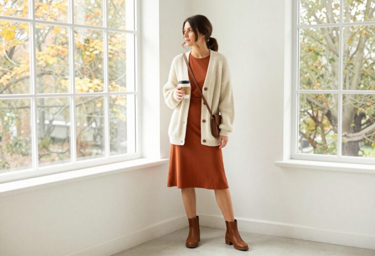 Teacher in fall outfit with chunky cardigan and midi dress in classroom