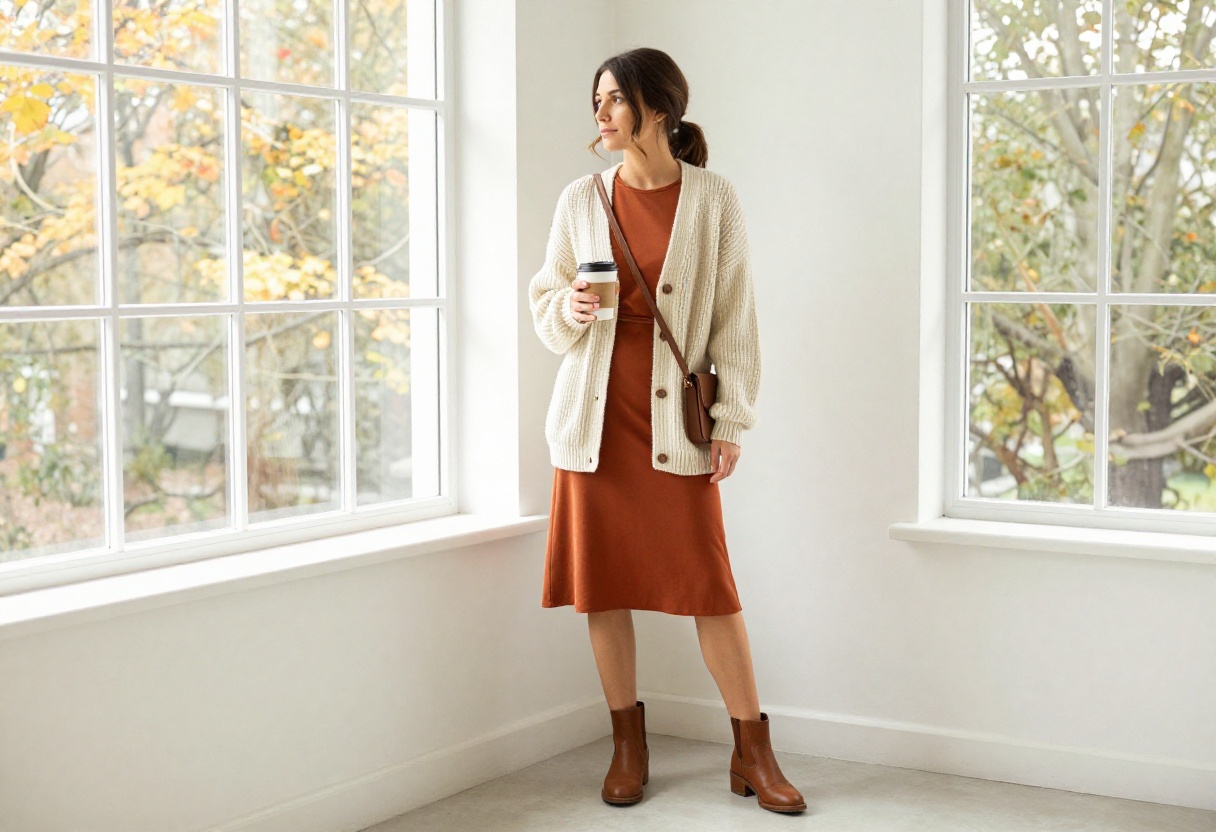 Teacher in fall outfit with chunky cardigan and midi dress in classroom