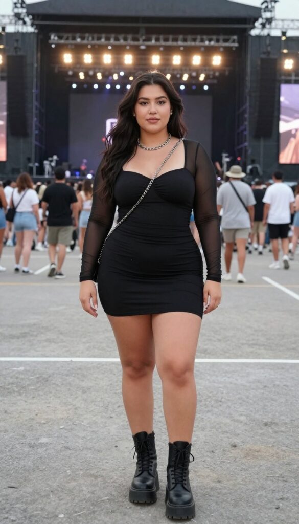 6. Bodycon Dress with a Mesh Overlay and Combat Boots