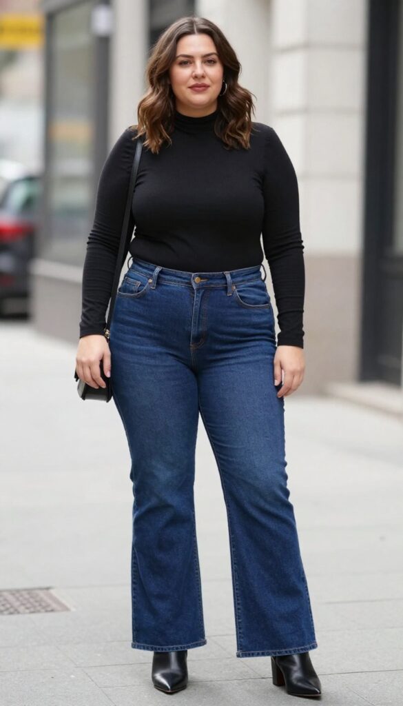 1. Fitted Turtleneck + High-Waist Flares + Ankle Boots