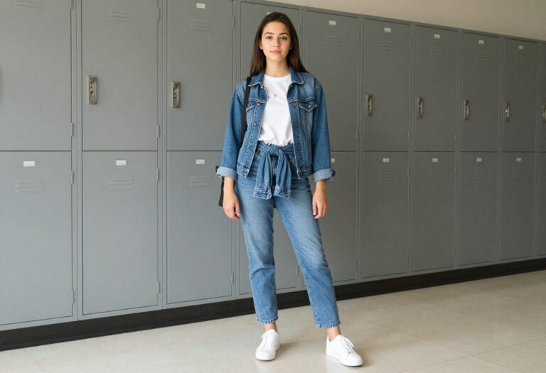 Teenage girl in casual high school outfit with jeans, graphic tee, and sneakers in a school hallway.