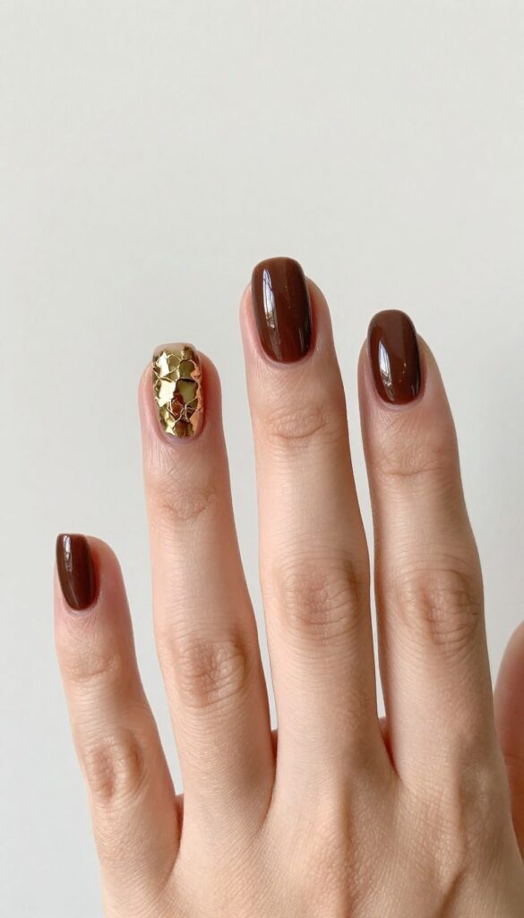 Glittering gold leaf accents on espresso brown nails