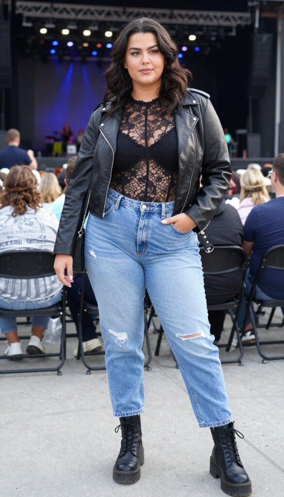 4. Distressed Denim Jeans with a Lace Bodysuit and Leather Jacket