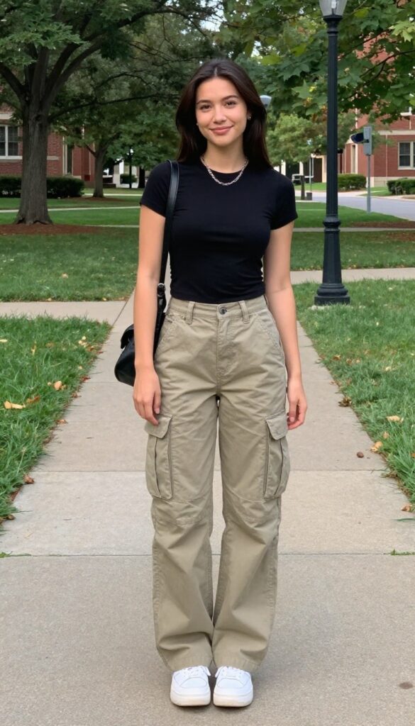 2. Olive Cargo Pants + Black Fitted Tee + Chunky Sneakers
