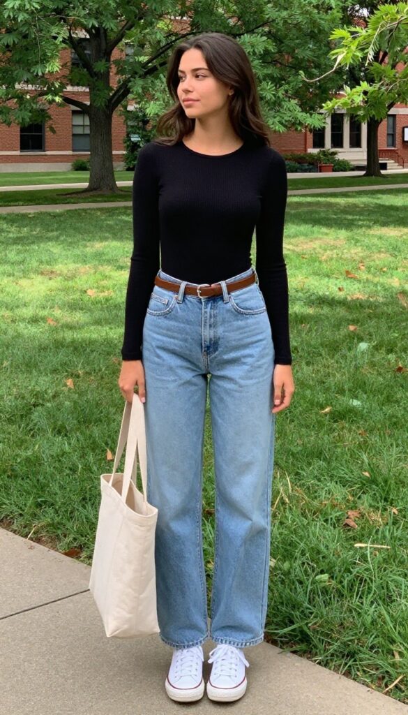 10. Long-Sleeve Bodysuit + Mom Jeans + Belt + Sneakers