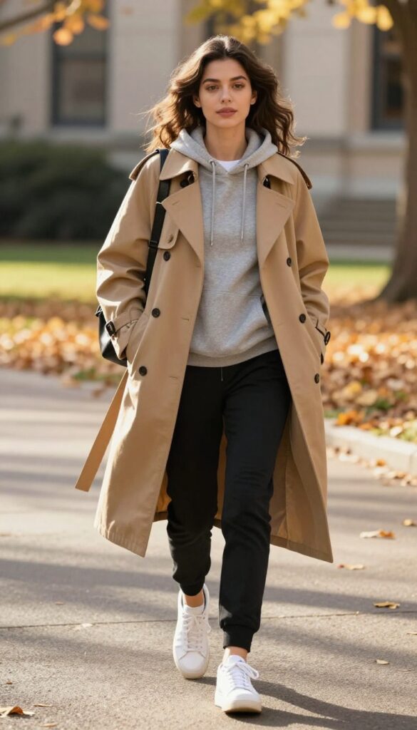 9. Trench Coat with a Hoodie and Joggers