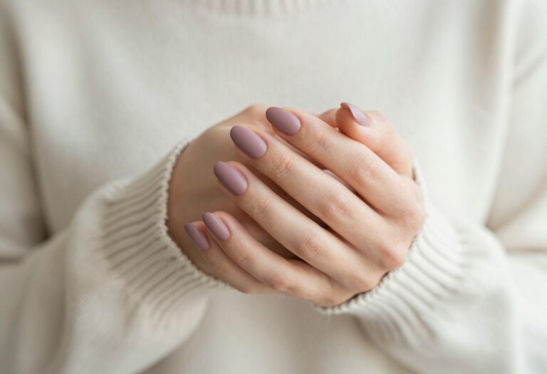 Almond shaped nails in muted mauve matte finish on a cream sweater, fall nail inspiration