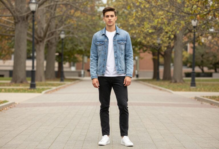 College man in denim jacket and jeans on campus