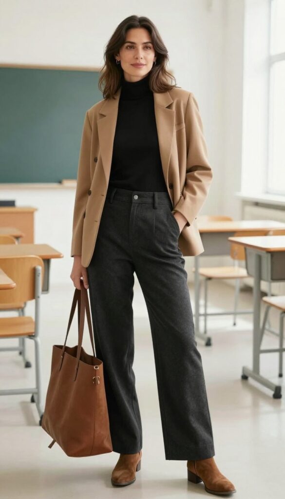 4. Wide-Leg Trousers with a Fitted Turtleneck and Blazer