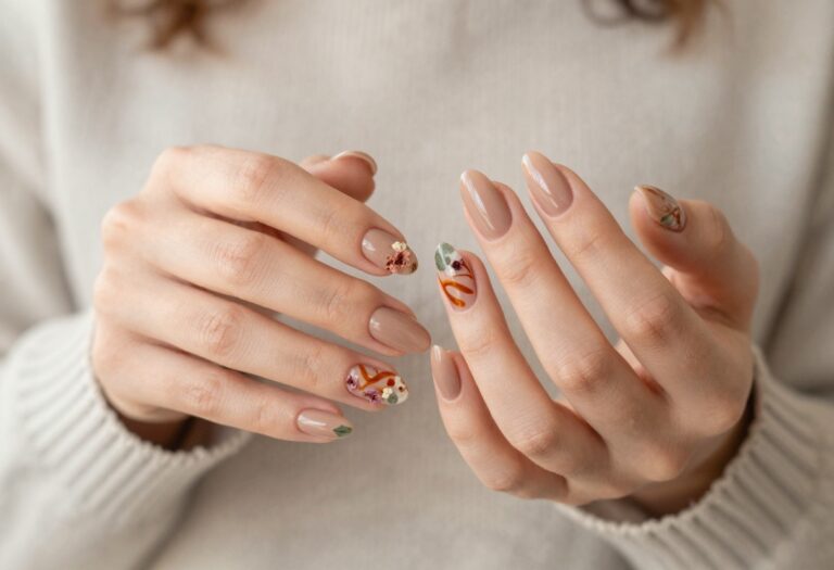 Fall floral nail art with pressed flowers and burnt orange swirls on almond-shaped nails