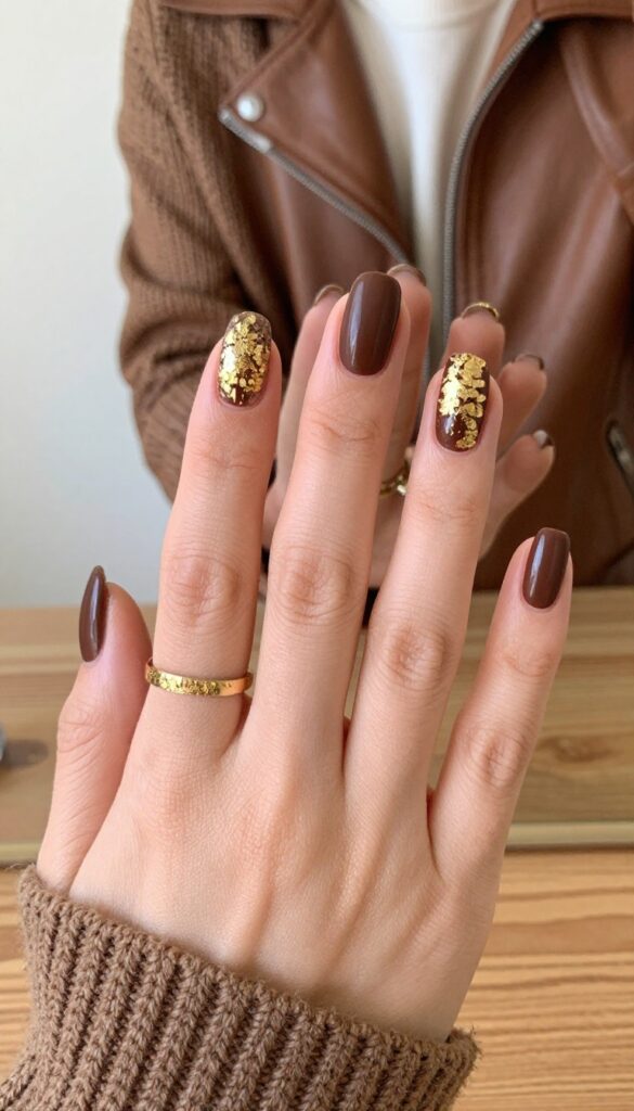Short almond nails painted chocolate brown with gold foil accent on ring and middle finger, matte finish, cozy fall setting
