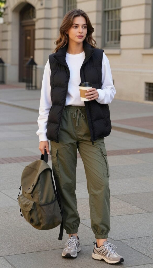 15. Puffer Vest + Long-Sleeve Tee + Cargo Joggers + Trail Sneakers