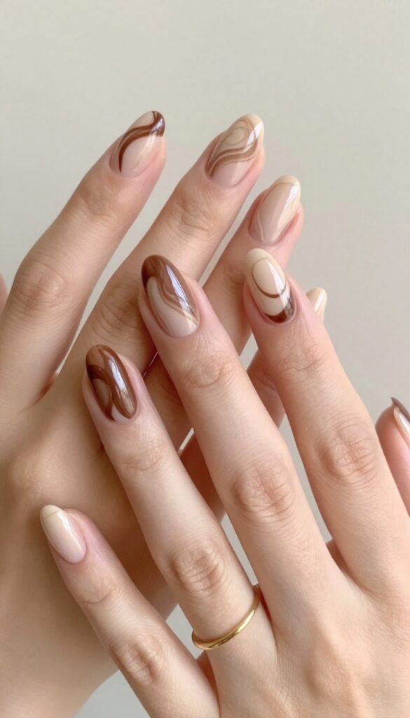 Almond-shaped nails with mocha swirl design in deep brown and creamy beige, glossy finish, on a hand with gold ring, neutral background.