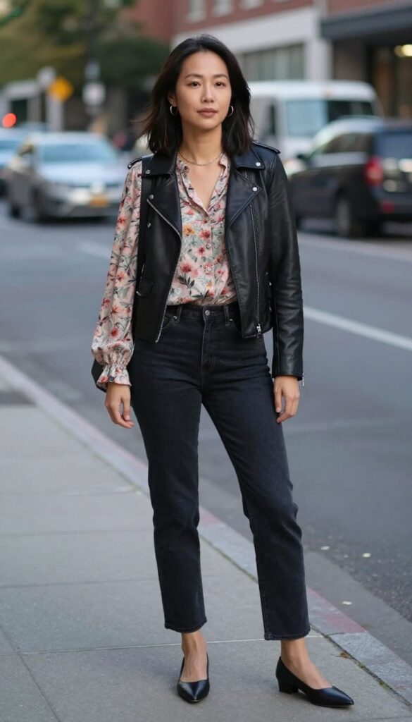 6. Floral Blouse + Leather Jacket + Dark Wash Jeans