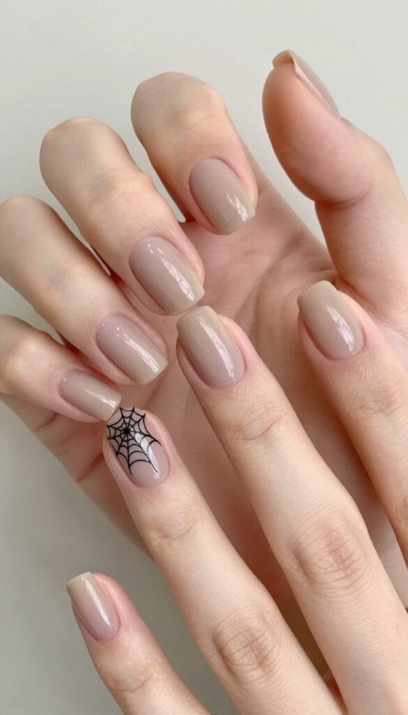 Cobweb accent nail design on a sheer nude base with a tiny spider detail