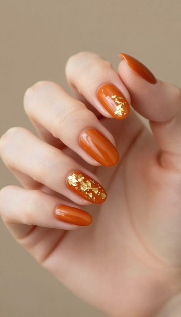 Almond nails in burnt orange with gold foil accents
