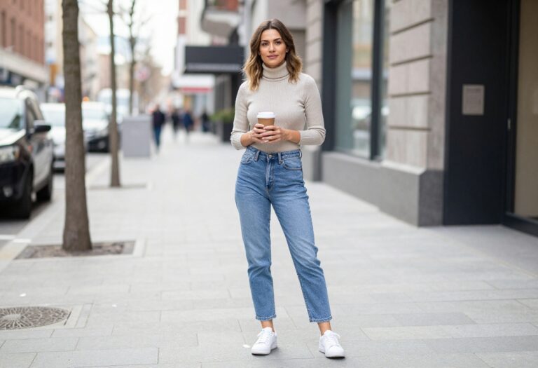 Hot mom outfit with turtleneck and mom jeans