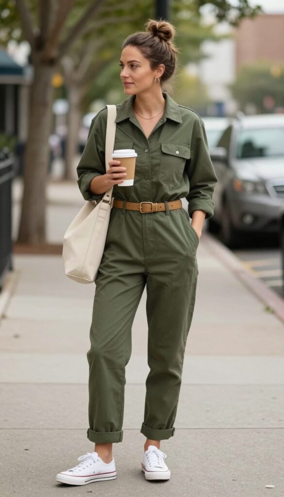 6. Utility Jumpsuit + Belt + White Sneakers