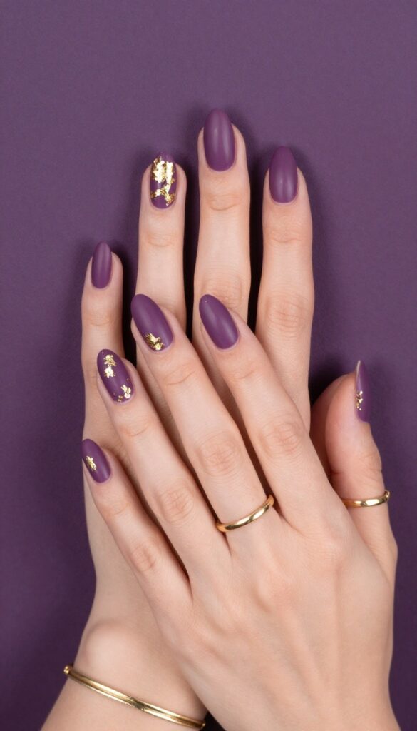 Plum velvet matte nails with gold foil accents on a woman's hand with gold jewelry.