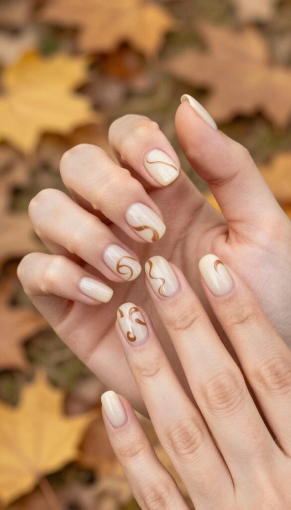 Short rounded nails with creamy beige base and mocha brown swirls, glossy finish, cozy fall nail art.