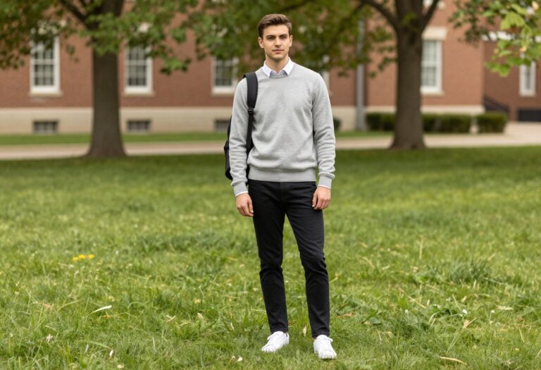 College guy in sweater and jeans standing on campus lawn