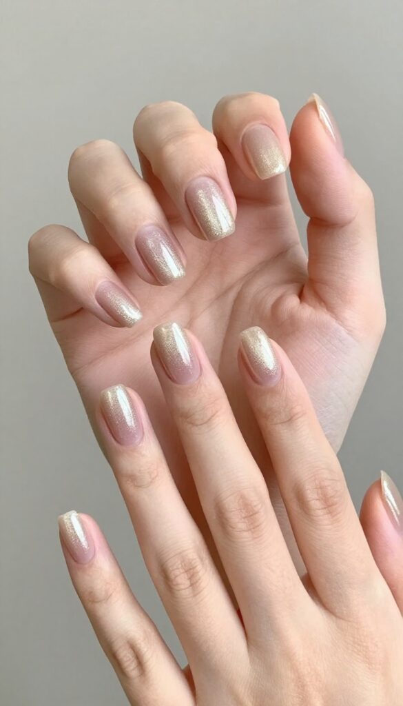 Champagne shimmer nails with negative space crescent near cuticle
