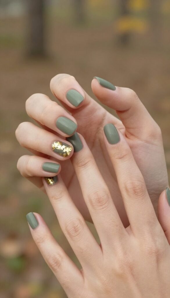 Short olive green matte nails with gold foil accents on ring finger and thumb