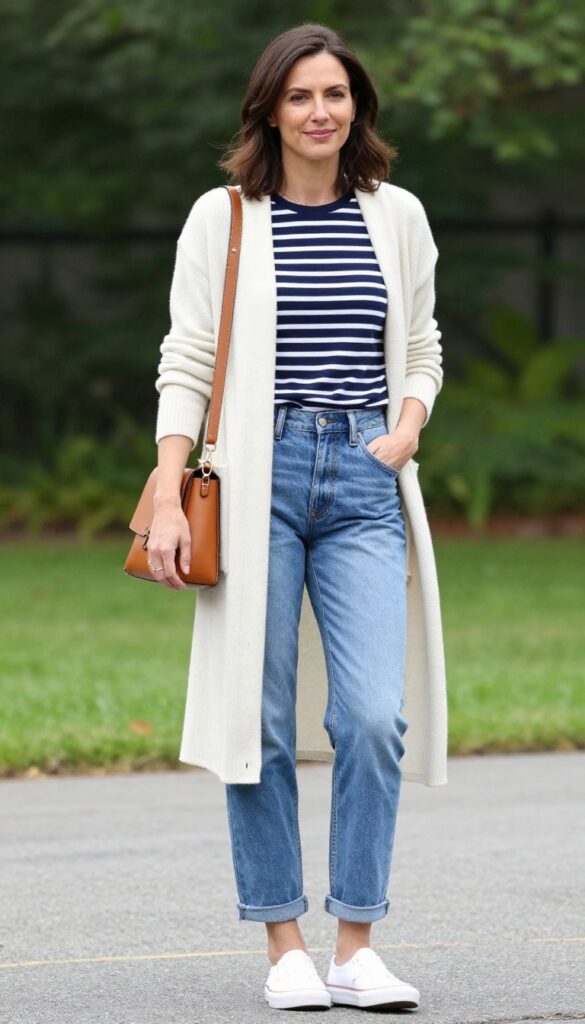 6. The Layered Cardigan and Straight-Leg Jeans