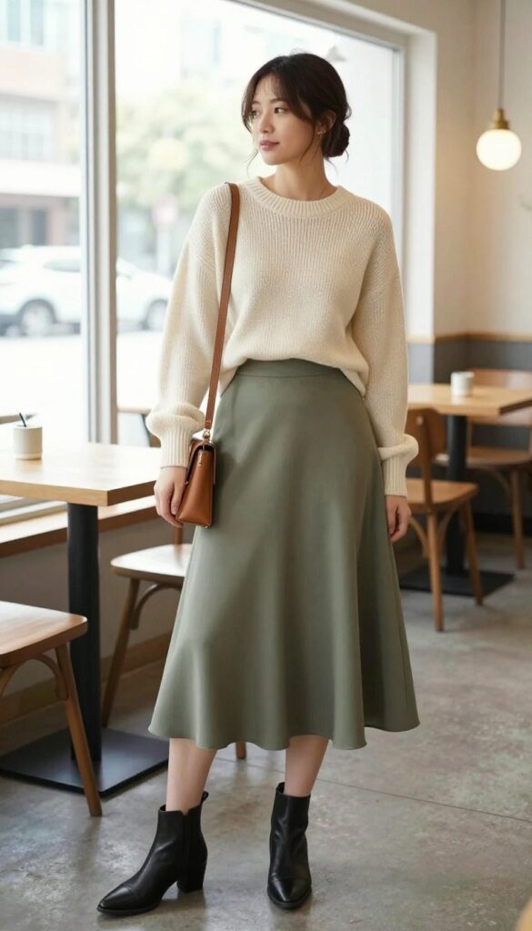 7. Midi Skirt with a Tucked-In Sweater and Ankle Boots