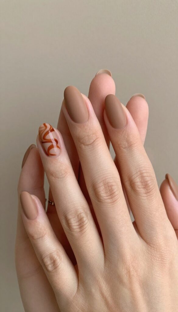 Cinnamon swirl nail art on nude base with matte finish