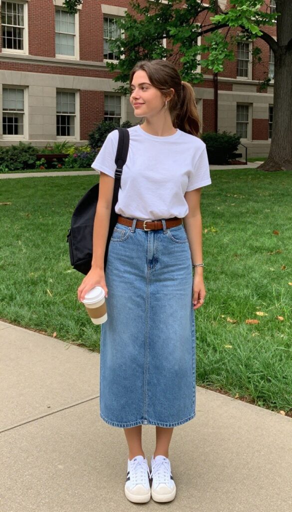 13. Denim Skirt + Simple Tee + Loafers or Sneakers