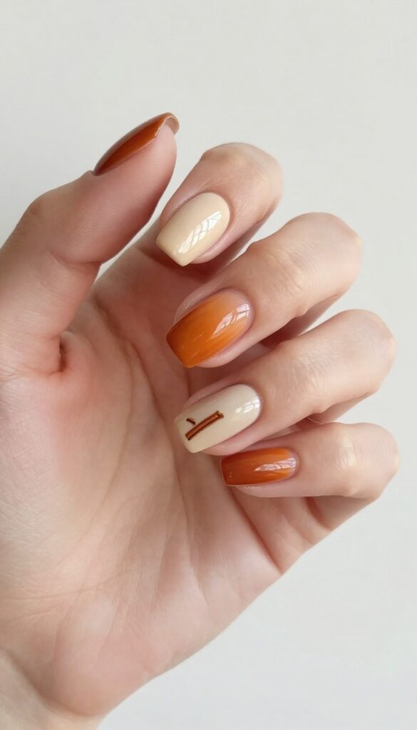 Pumpkin Spice Latte gradient nails with glossy finish and cinnamon stick accent