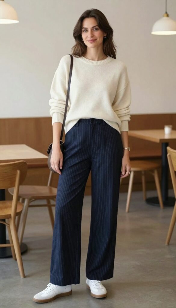 13. Pinstripe Pants + Cashmere Crewneck + White Sneakers
