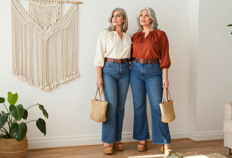 Plus size older woman in 70s boho outfit with flared jeans and peasant blouse