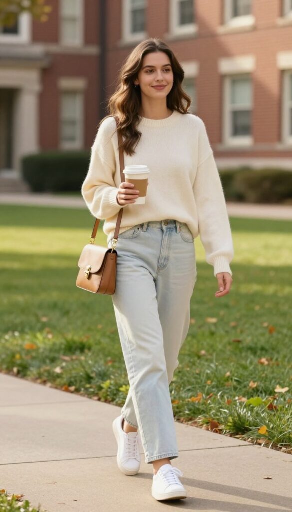 1. Cream Sweater and Light-Wash Jeans
