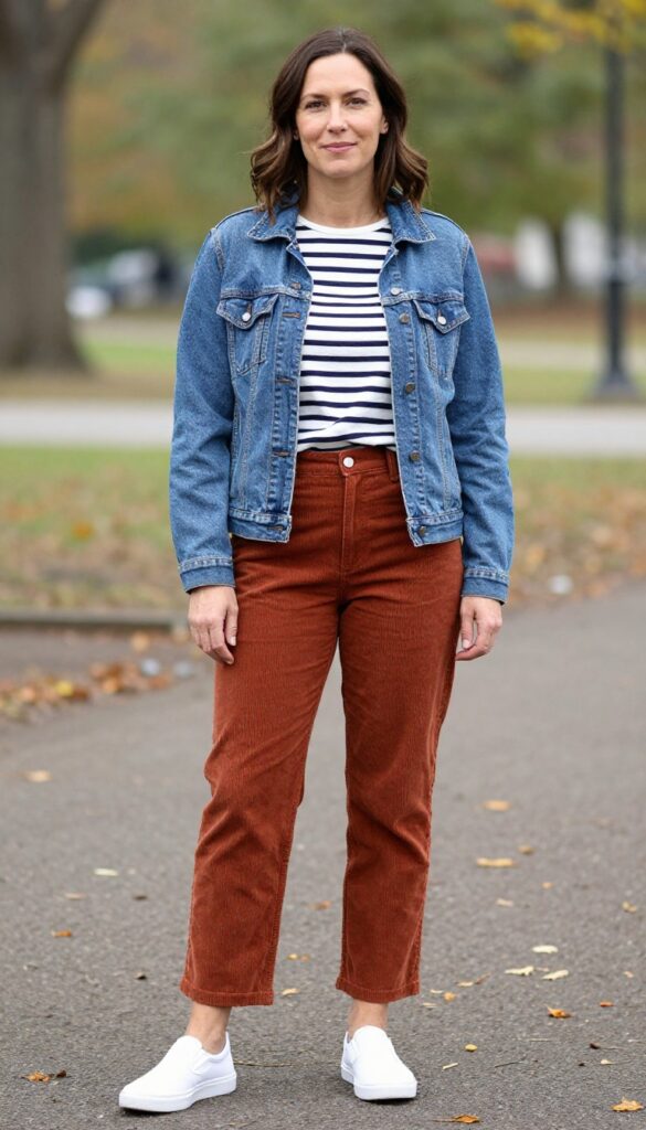 11. Corduroy Pants and a Striped Top