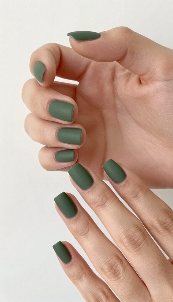 Short square moss green matte nails