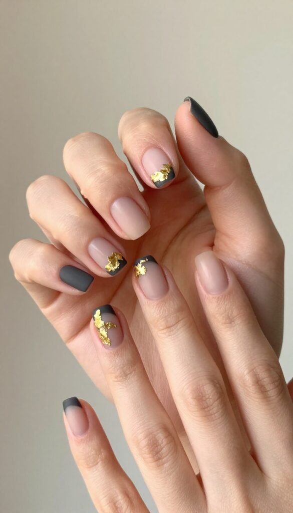 Matte black short nails with gold foil accents