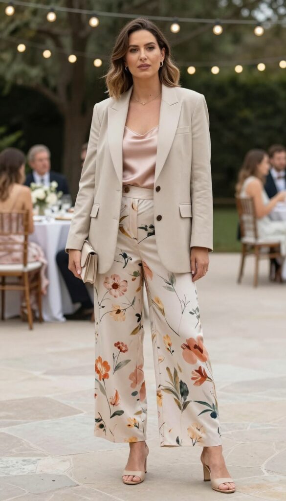 9. Printed Pants with Silk Camisole and Blazer