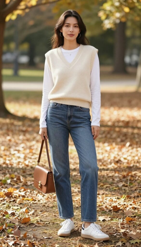 5. Knit Vest + Long-Sleeve Tee + Straight-Leg Jeans