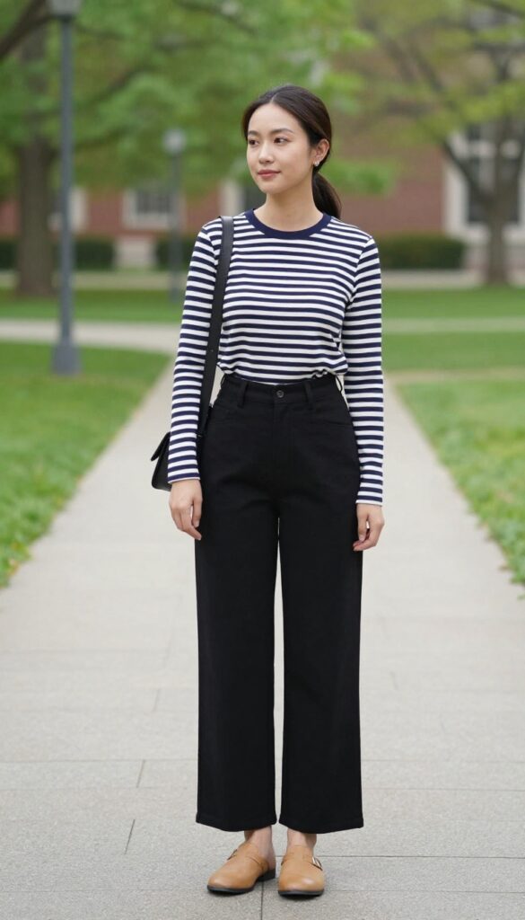 6. Striped Long-Sleeve with Wide-Leg Trousers and Mules