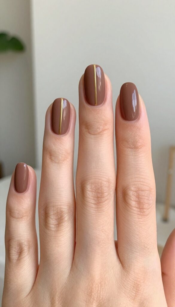 Matte brown almond nails with a single gold stripe