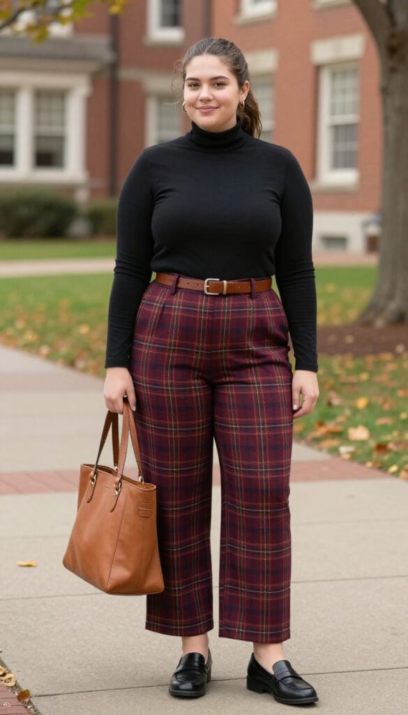5. Black Turtleneck + Plaid Wide-Leg Trousers + Loafers