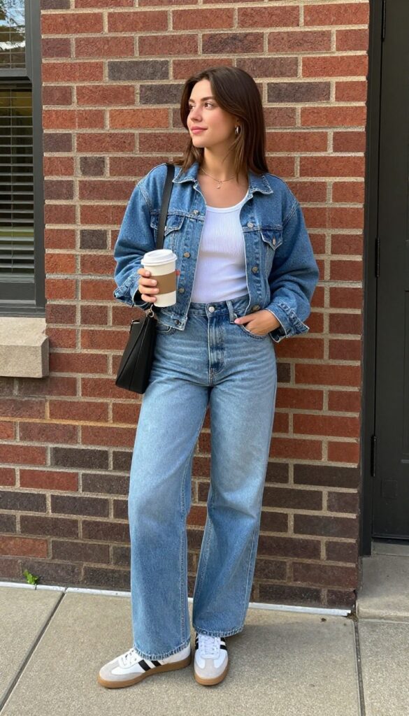 4. Wide-Leg Jeans with a Ribbed Tank and Denim Jacket