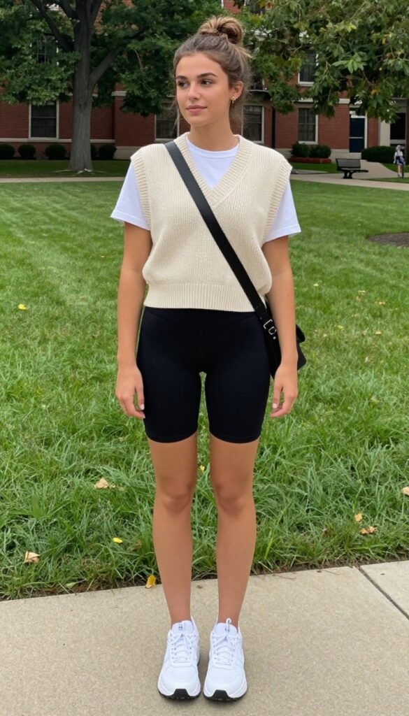 9. Knit Vest + White Tee + Bike Shorts + Sneakers
