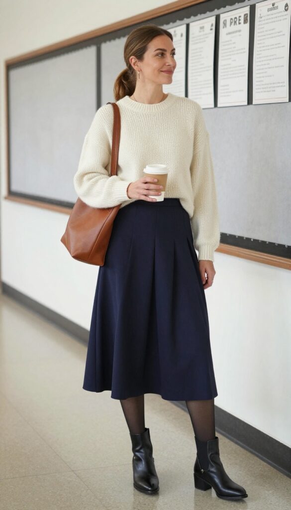 5. Knit Sweater + Pleated Skirt + Tights + Booties