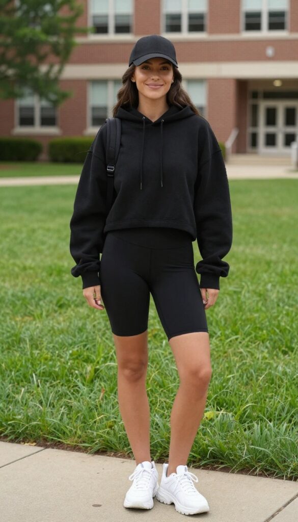 5. Oversized Hoodie + Biker Shorts + Dad Sneakers