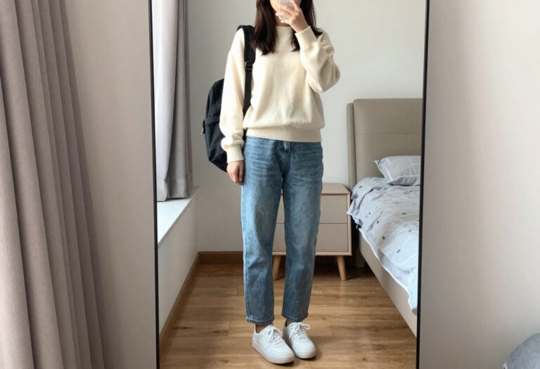 Young woman in casual school outfit with jeans, sweater, and sneakers in a bright bedroom