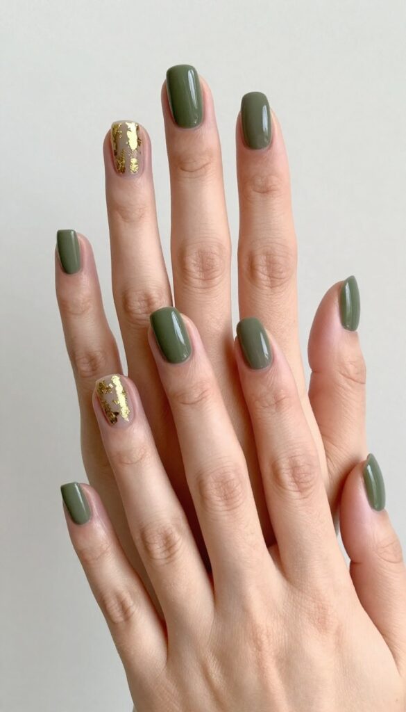 Olive green nails with gold foil accents on two fingers