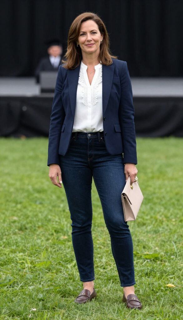 5. Dark Wash Jeans with a Lace-Trim Blouse and Blazer